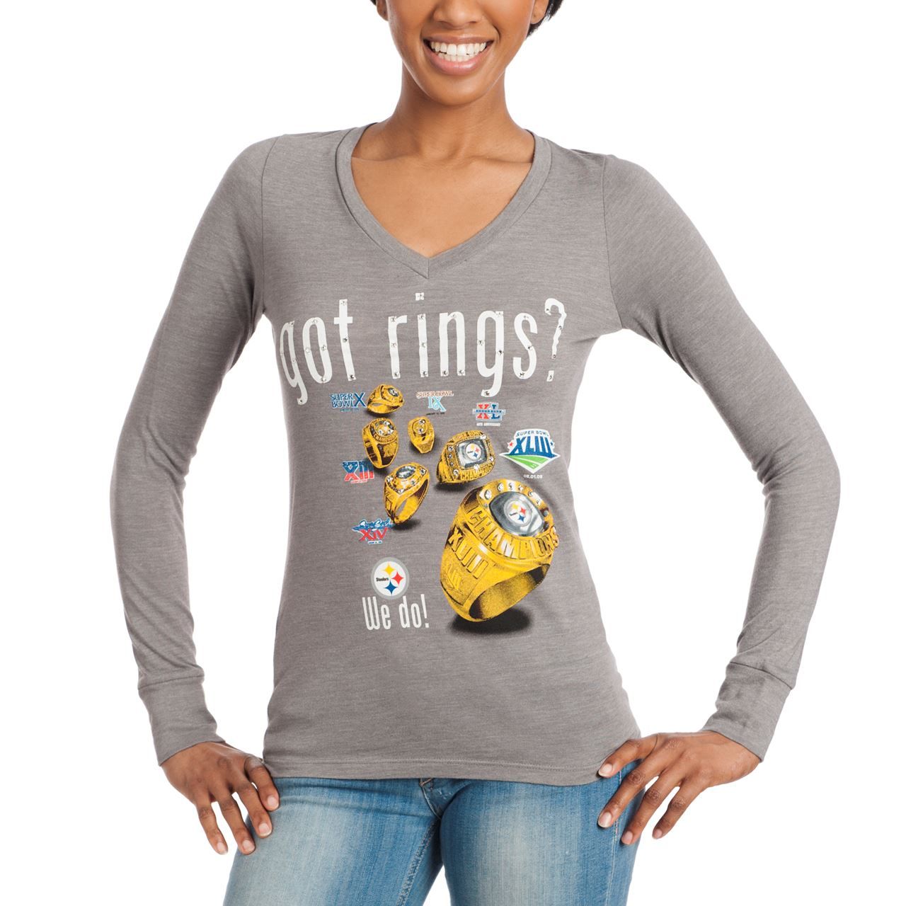 Pittsburgh Steelers Women's Got Rings Rhinestone Bling Grey Longsleeve T-Shirt