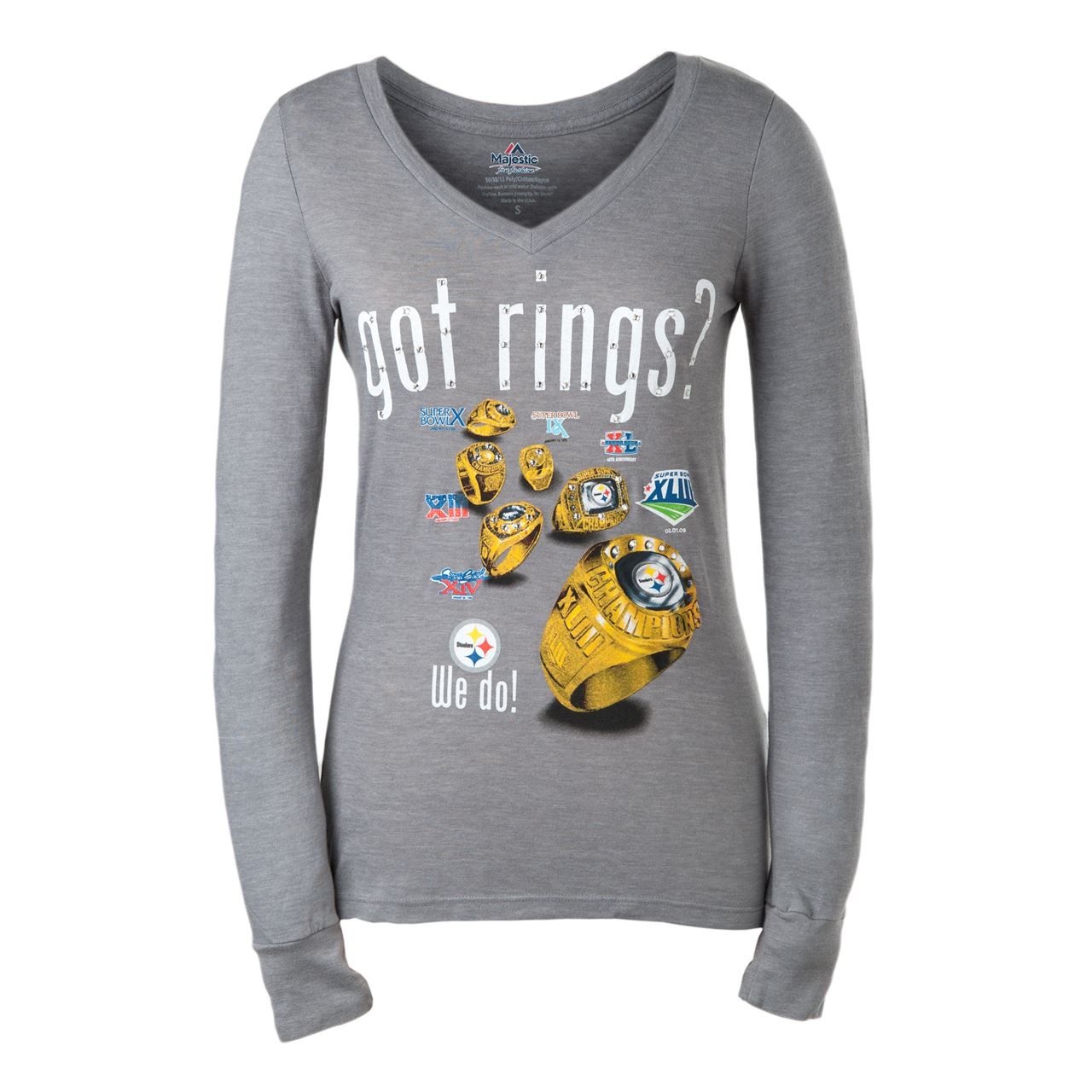 Pittsburgh Steelers Women's Got Rings Rhinestone Bling Grey Longsleeve T-Shirt