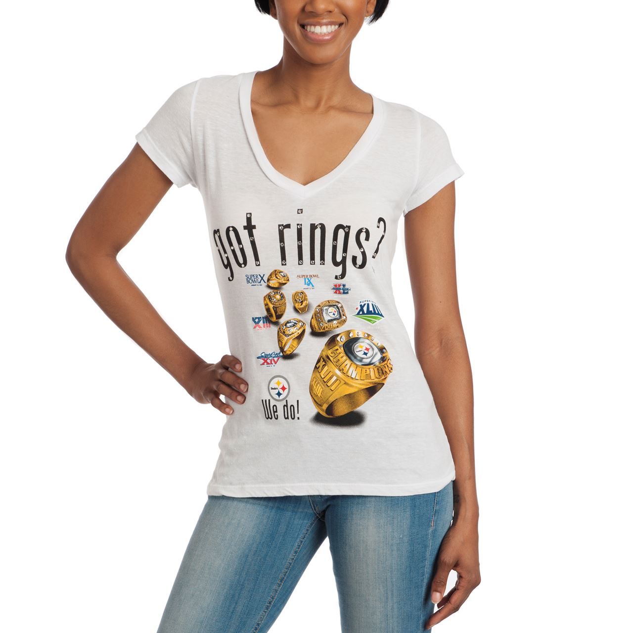 Pittsburgh Steelers Women's Got Rings Rhinestone Bling White Shortsleeve T-Shirt