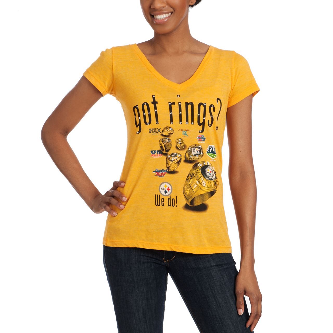 Pittsburgh Steelers Women's Got Rings Rhinestone Bling Gold Shortsleeve T-Shirt