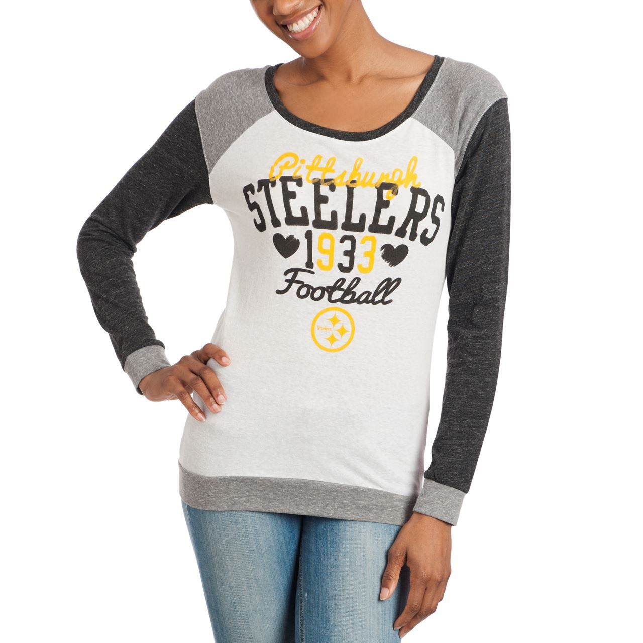 Pittsburgh Steelers Women's Colorblock Tri Blend Scoop Long Sleeve Tee