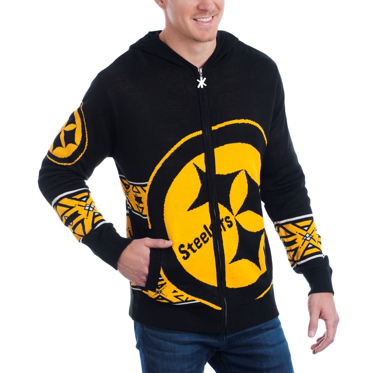 Pittsburgh Steelers Full Zip Hooded Ugly Sweater in Black & Gold