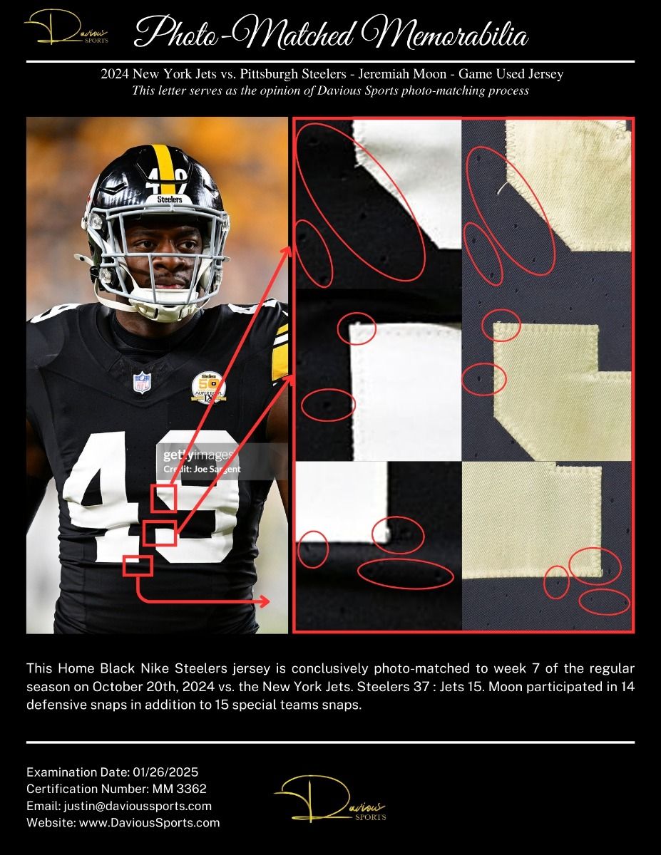 Pittsburgh Steelers #49 Jeremiah Moon Game Used Unlaundered Throwback Jersey 3 Pittsburgh Steelers #49 Jeremiah Moon Game Used Unlaundered Throwback Jersey