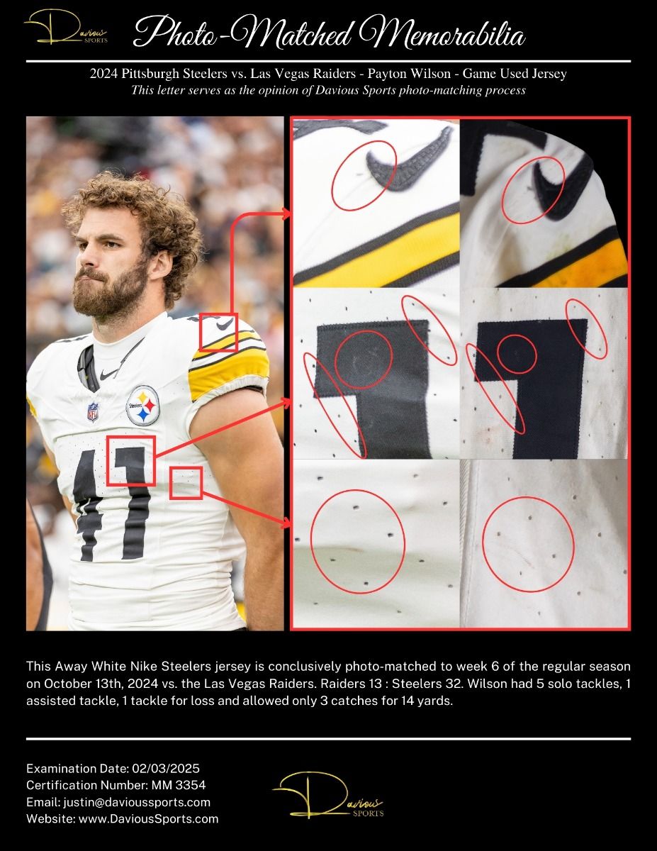 Pittsburgh Steelers #41 Payton Wilson Game Used Unlaundered Away Jersey 3 Pittsburgh Steelers #41 Payton Wilson Game Used Unlaundered Away Jersey