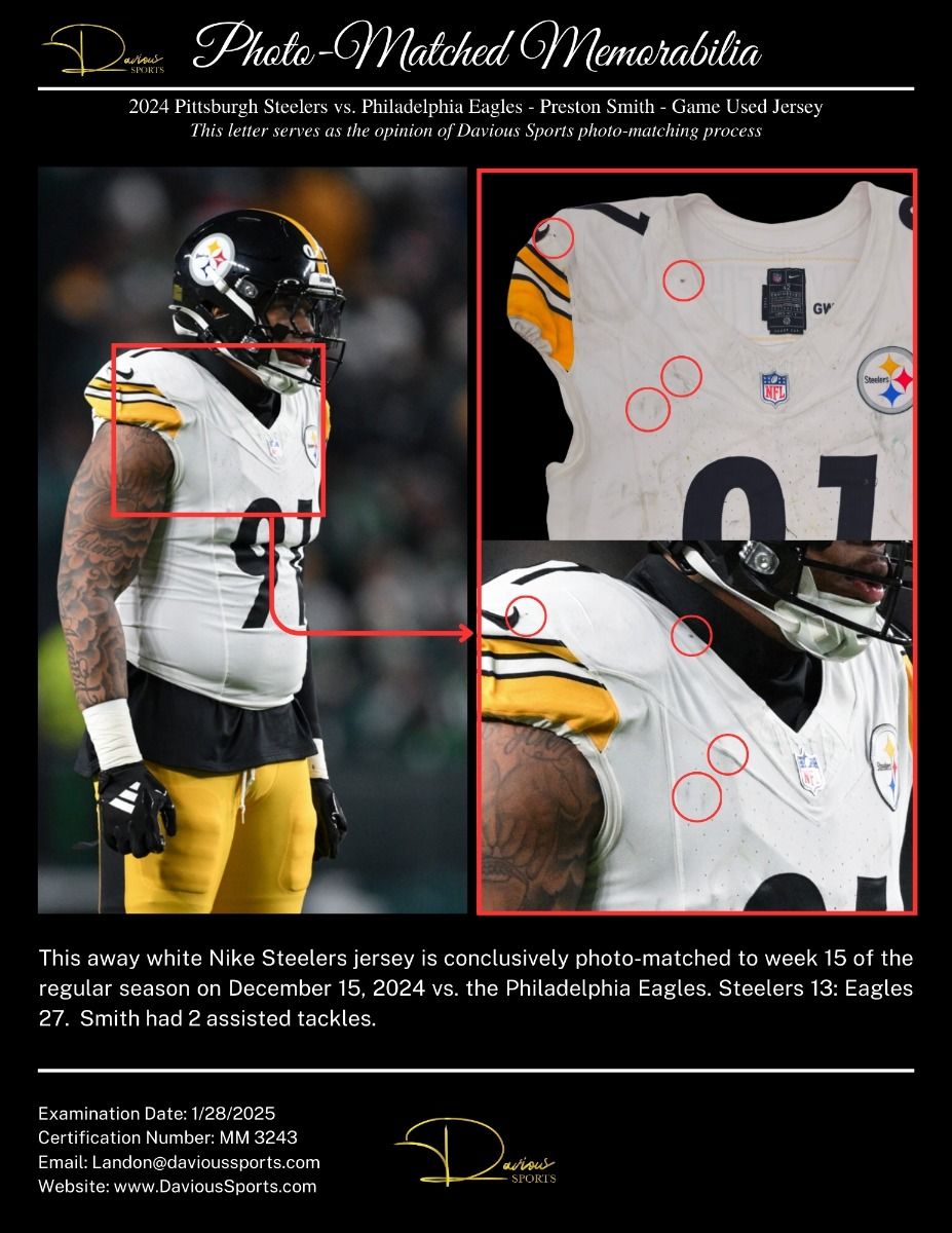 Pittsburgh Steelers #91 Preston Smith Game Used Unlaundered Away Jersey 3 Pittsburgh Steelers #91 Preston Smith Game Used Unlaundered Away Jersey