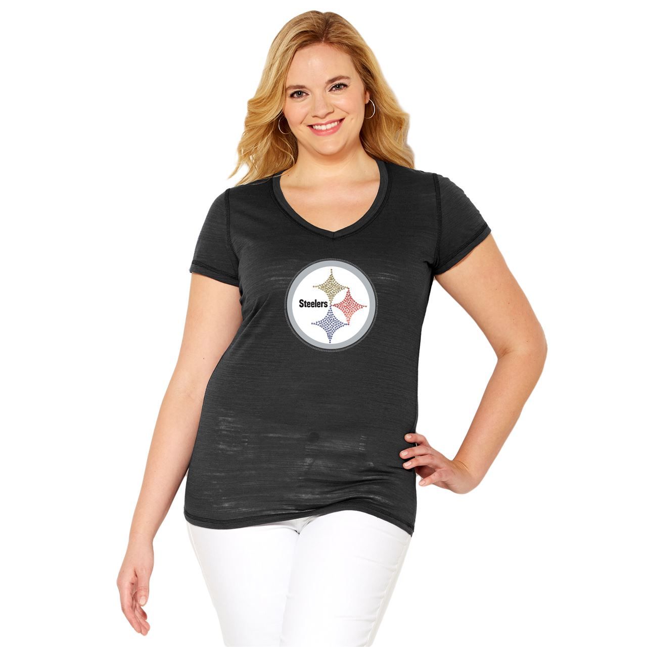 Pittsburgh Steelers Women's Plus Size Multicount Sequin Logo V-Neck T-Shirt
