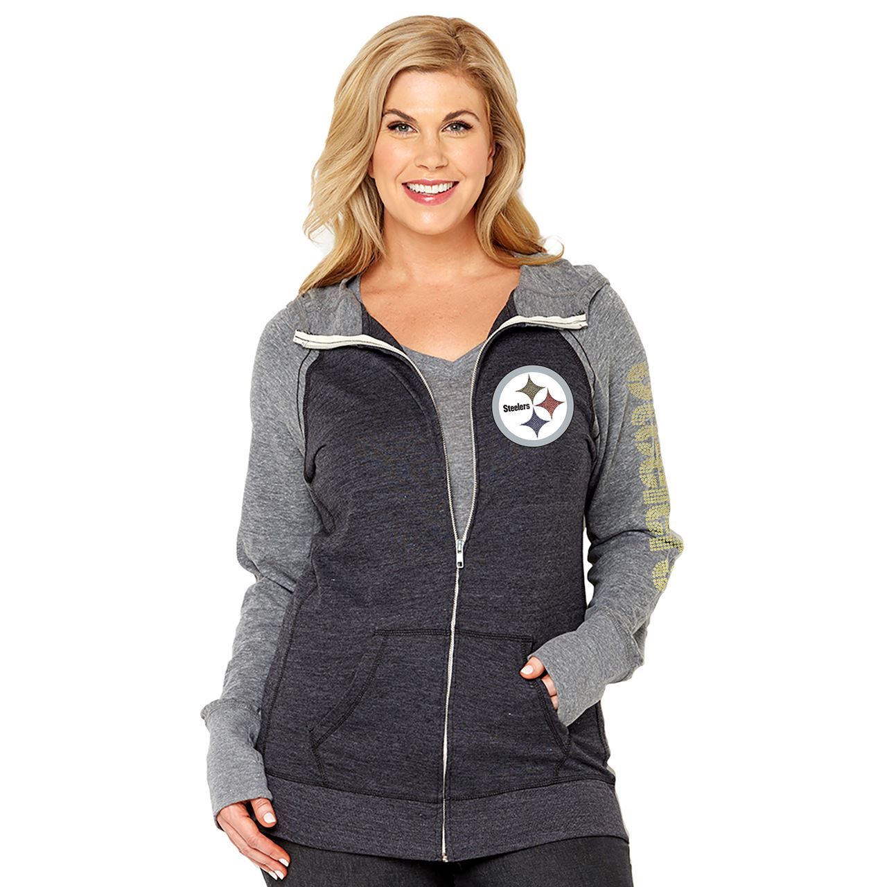 Pittsburgh Steelers Women's Plus Size Tri-blend Colorblock Zip Jacket with Hood