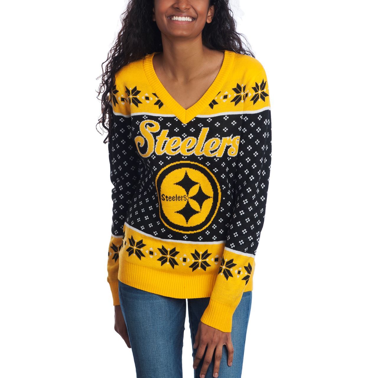 Pittsburgh Steelers Women's Ugly Big Logo V-Neck Sweater