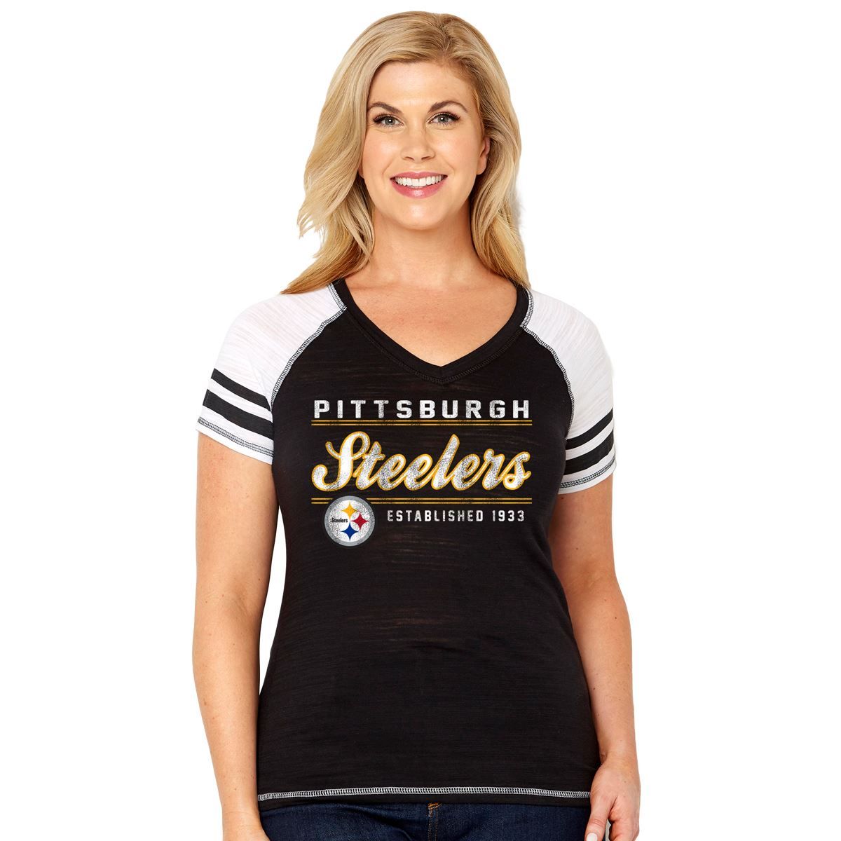 Pittsburgh Steelers Women's Plus Size Multicount Curvy V-Neck T-Shirt with Striped Sleeves