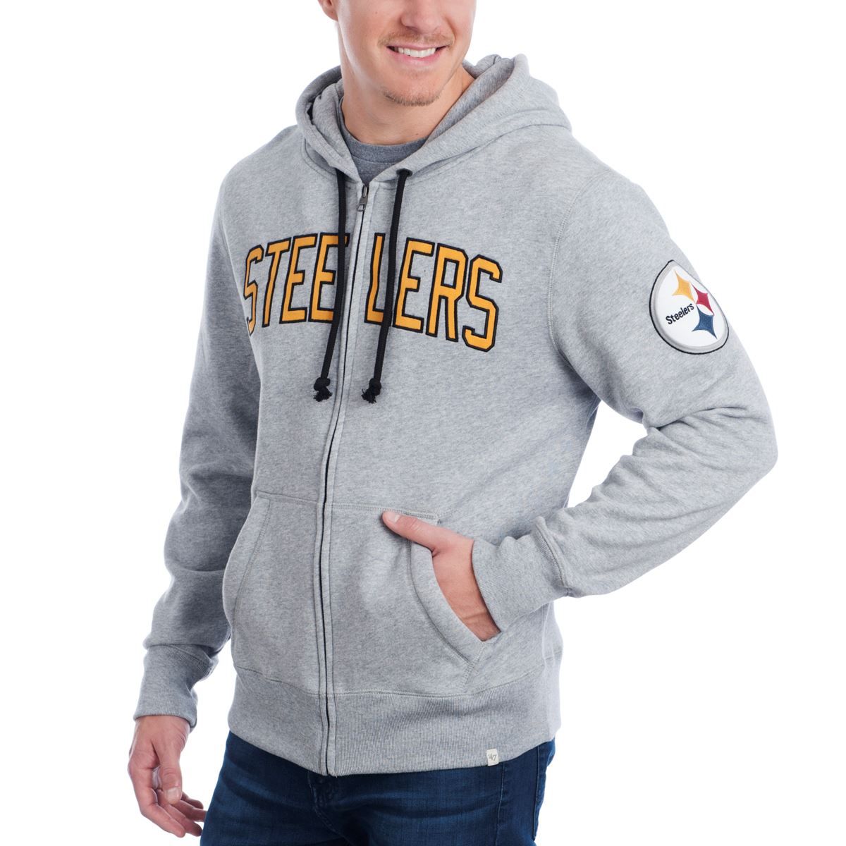 Pittsburgh Steelers '47 Full-Zip CROSS-CHECK Grey Fleece Hoodie