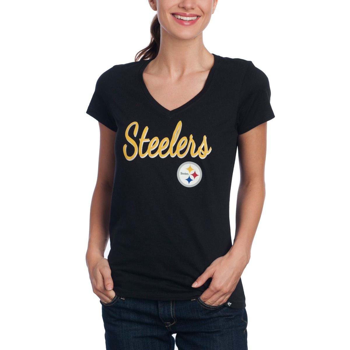 Pittsburgh Steelers '47 Women's Clutch 47 Splitter V-Neck T-Shirt