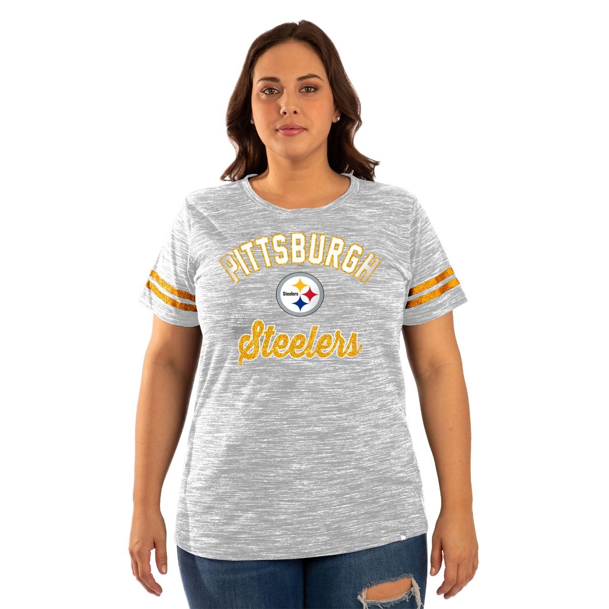 Pittsburgh Steelers Women's Plus Size New Era Sleeve Stripe Glitter Space Dye Short Sleeve T-Shirt