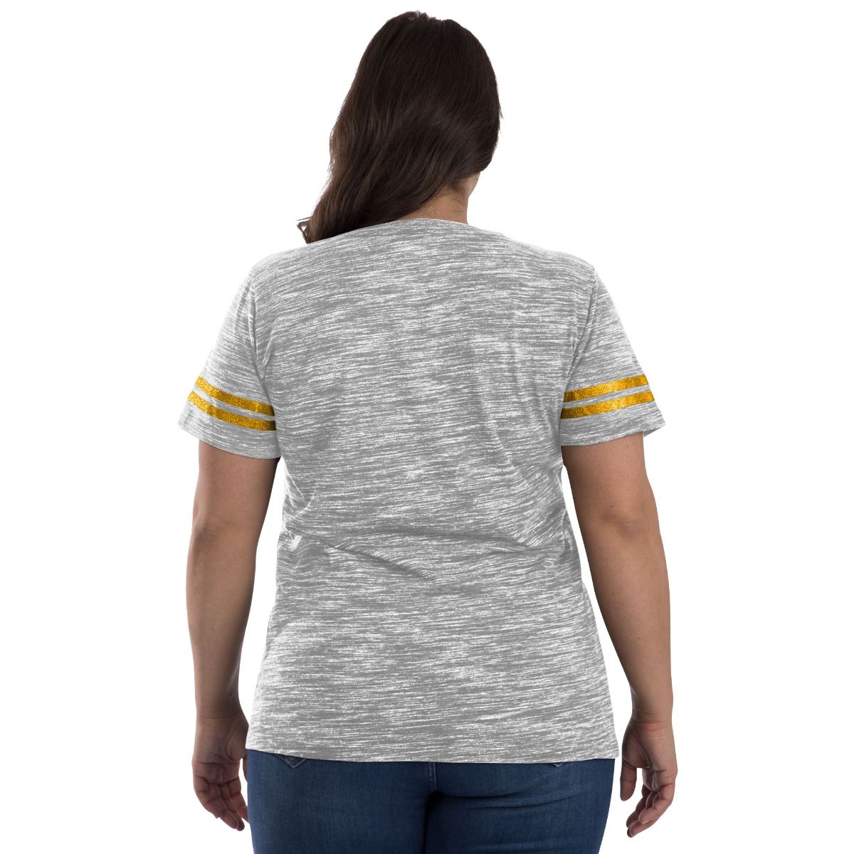 Pittsburgh Steelers Women's Plus Size New Era Sleeve Stripe Glitter Space Dye Short Sleeve T-Shirt