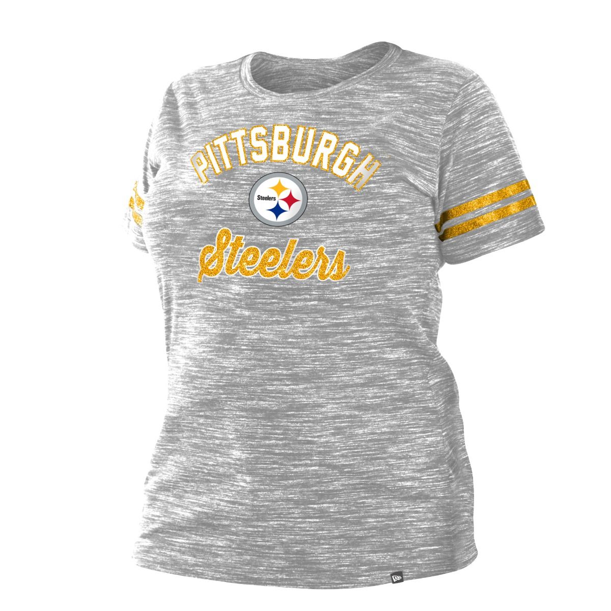 Pittsburgh Steelers Women's Plus Size New Era Sleeve Stripe Glitter Space Dye Short Sleeve T-Shirt