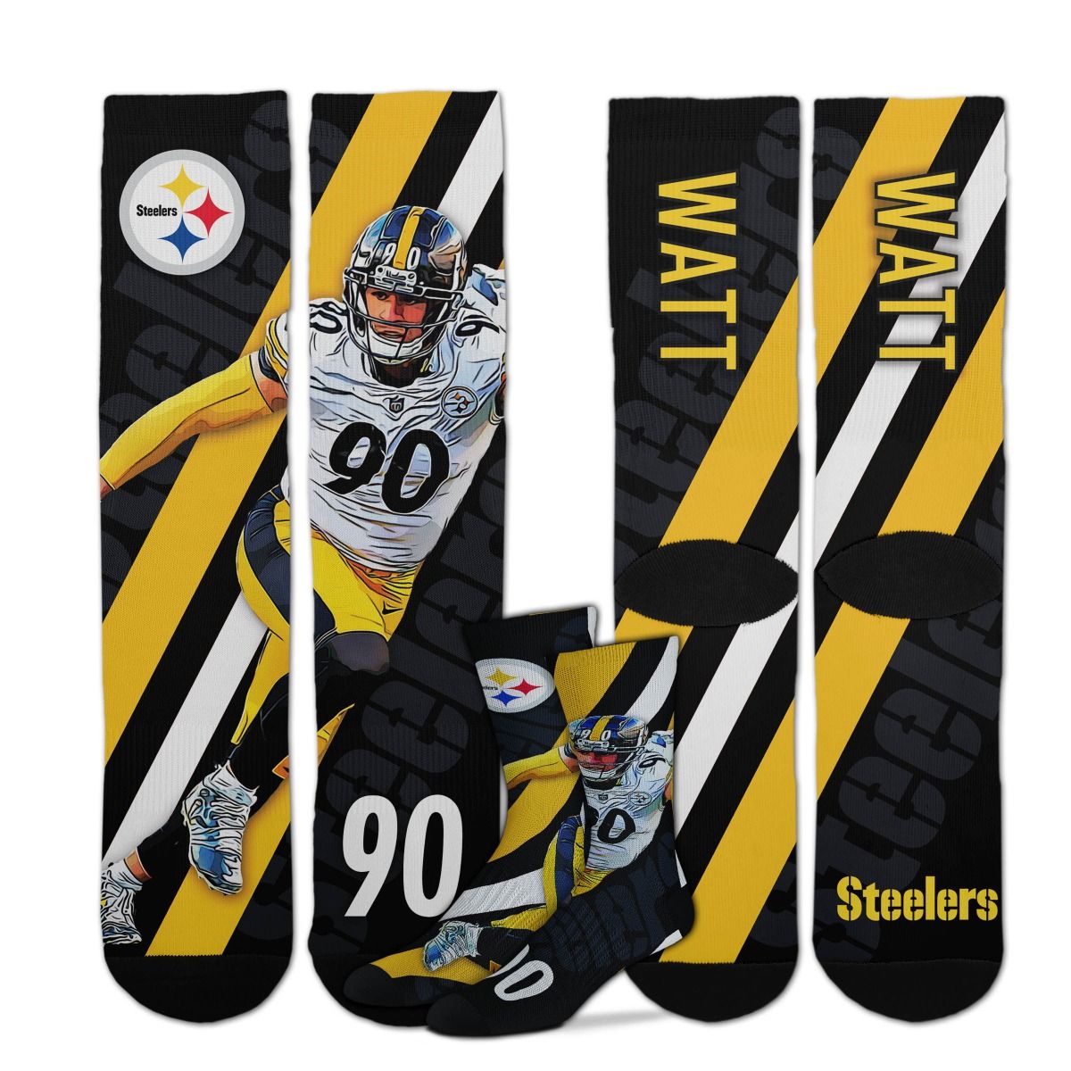 Pittsburgh Steelers #90 T.J. Watt Player Stripe Crew Sock 4 Pittsburgh Steelers #90 T.J. Watt Player Stripe Crew Sock